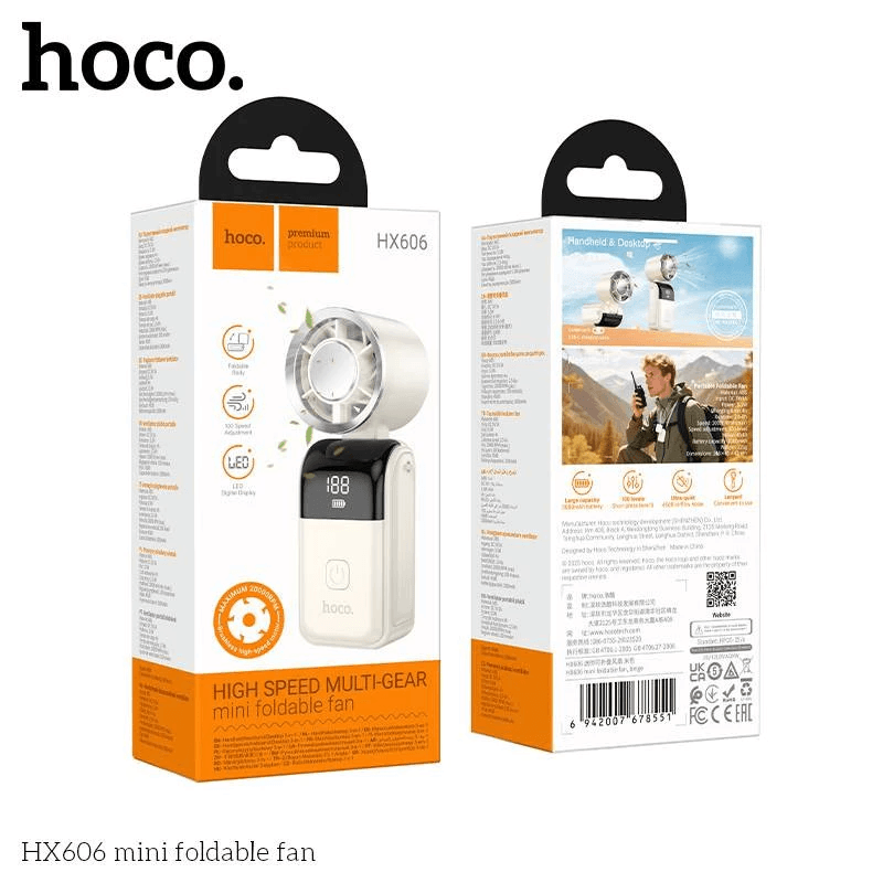 พัดลมพกพา HOCO HX606 พับได้ 90&deg; ปรับแรงลม 100 ระดับ ความเร็วรอบ 20000 RPM แบตเตอรี่ 3000MAH พร้อมสายคล้องคอ
